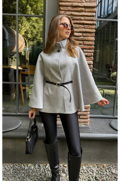 Lila Moda Belted Mock Neck Button Cashmere Cape Poncho