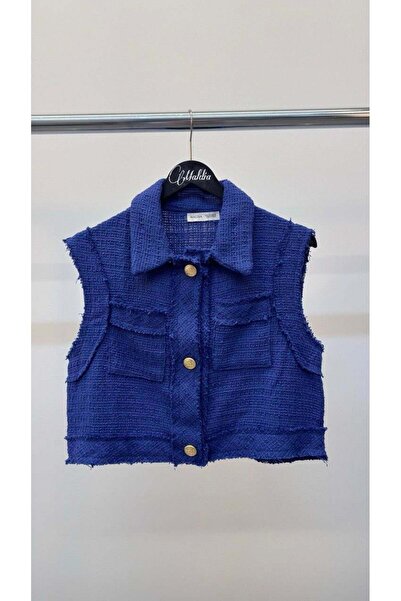 Maldia Shop Women's gold buttoned dark blue tweed vest