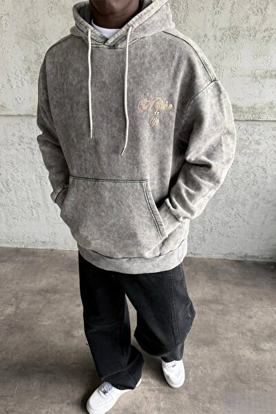 MADZEYMODA Ανδρικό φούτερ επένδυση fleece με λεπτομέρεια κεντήματος σε σκούρο γκρι πλυμένο με κουκούλα Mz0406