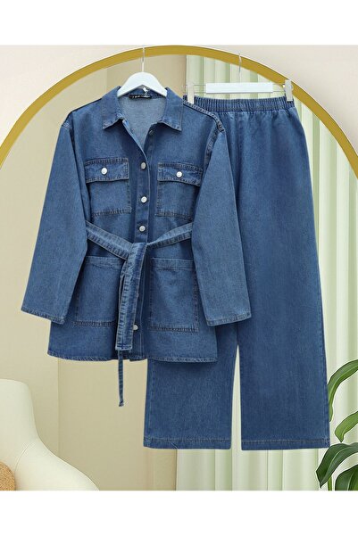 Modamorfo Beli Belted Pocketed Buttoned Front Denim Suit - Blue