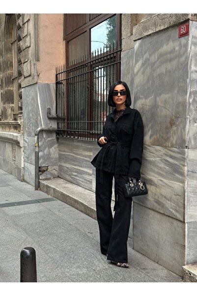 POP STORY Tied Denim Suit Oversized Jacket and High Waist Pants