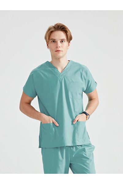 DEMOTEKS Costum Medical Elastan Verde Militar, Barbati - Scrub Set Classic Flex