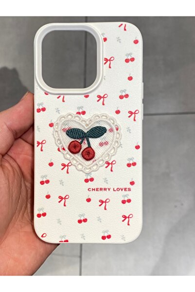 Mee.co iPhone 14 Pro Compatible Embroidered Cherry Pattern Case Cherry Figured Knitted Phone Case