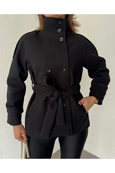 Lila Moda Short Oversized Lined Pocketed Cashmere Jacket Coat