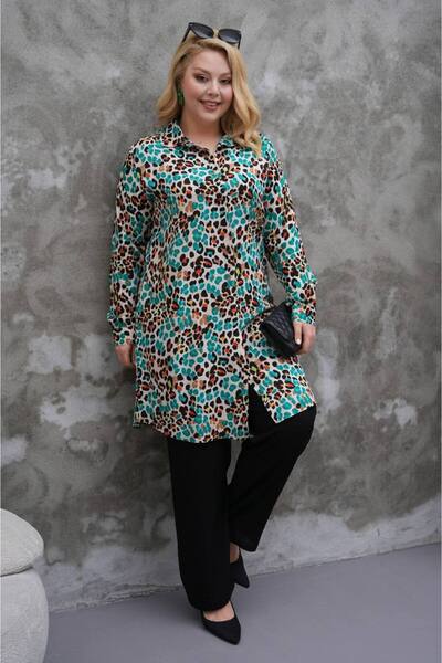 Polologin Butik Green Leopard Print Summer Plus Size Viscose Tunic
