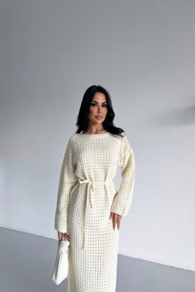 LİLA İSTANBUL Crew Neck Waist-Tied Lined Knitwear Cream Dress (S/M/L/Xl Compatible Standard Size)