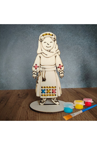 OEM Fetiță românească din lemn pentru cusut și pictat, cu suport, 16 x 6 cm