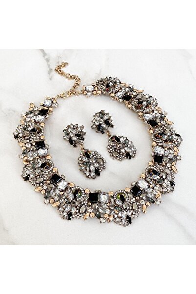 DESİGNEDBYD Büyük Yaka Çok Renkli Kolye Gerdanlık Küpe Seti Düğün Davet Mezun...