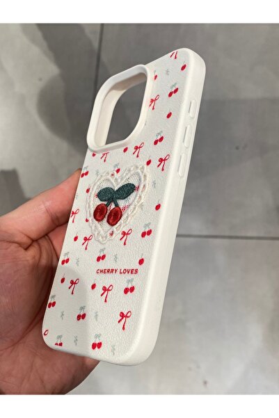 Mee.co iPhone 16 Pro Compatible Embroidered Cherry Pattern Case Cherry Figured Knitted Phone Case