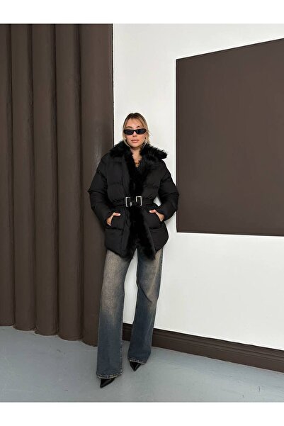 MAXXANA Feather Detailed Belted Puffer Coat