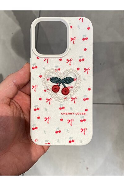Mee.co iPhone 16 Pro Compatible Embroidered Cherry Pattern Case Cherry Figured Knitted Phone Case