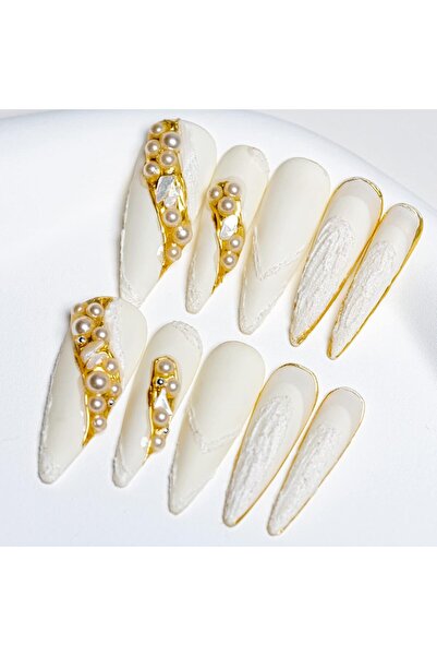 OEM Long Stiletto Almond artificial nails, hand-painted pattern, with pearl rhinestones, a