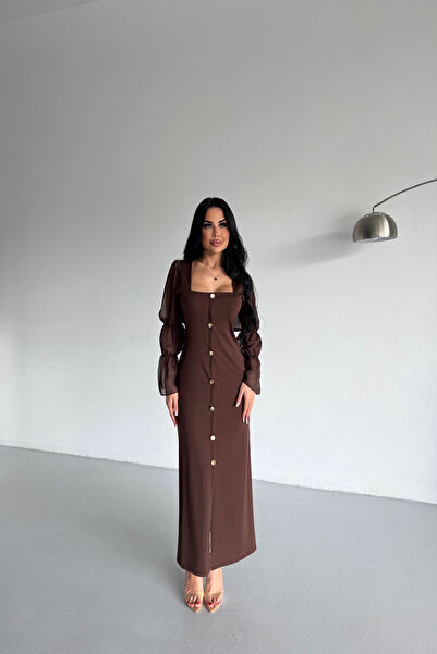 LİLA İSTANBUL Square Neck Button Detail Sleeve Tulle Brown Dress