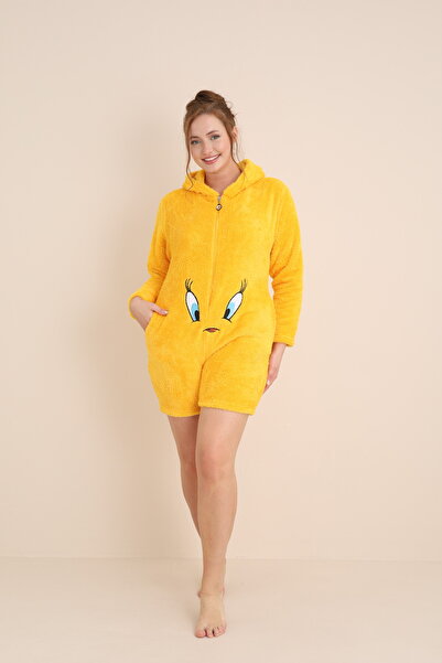 Mrs Justin Kadın Welsoft Sarı Civciv Sevimli Figür Uzun Kollu Kapüşonlu Cepli Şort Tulum Peluş Pijama