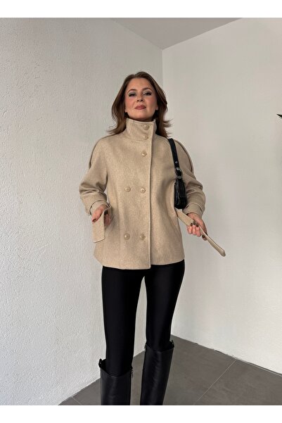 Lila Moda Short Oversized Lined Pocketed Cashmere Jacket Coat