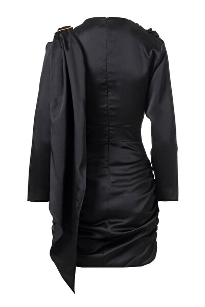 FACETTE Shawl Detail Satin Mini Dress Black