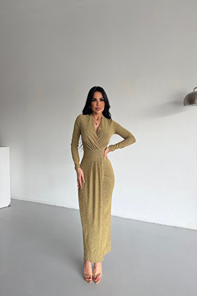 LİLA İSTANBUL Πράσινο φόρεμα διπλό πέτο με λάμψη στο λαιμό, ειδικού σχεδιασμού