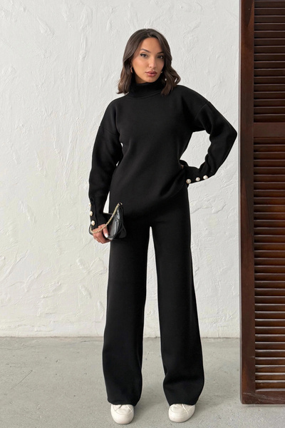 Lusin Women's Black Sleeve Button Detailed Blouse Skirt Bottom Top Two-Piece Knitwear Set