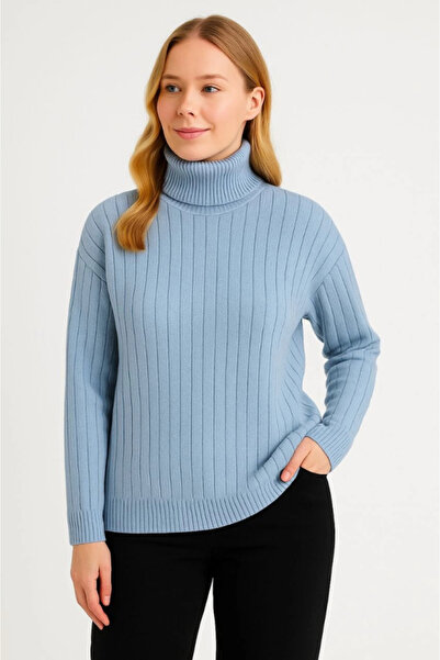Kanonik Education Fisherman Collar Knitted Sweater Cotton Thick Corded Fabric Woven - Baby Blue