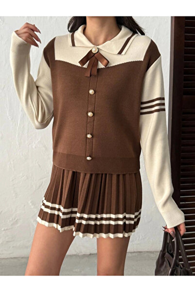 Lusin Women's Brown Stylish Rose Bow Detailed Blouse Skirt Two-Piece Knitwear Set