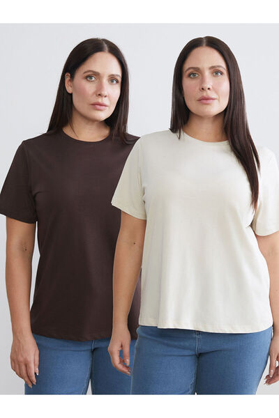 LC Waikiki Soulife Brown Plus Size Crew Neck Women's T-Shirt 2-Pack