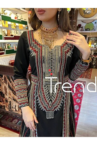 TREND Black Jalabiya with Embroidered Black Scarf