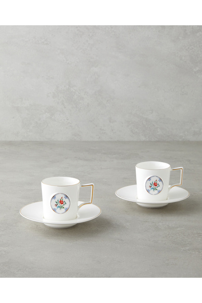 English Home Charmed Bloom Porcelain 4 Piece Double Coffee Cup Set for 2 People 155 ml White-Gold