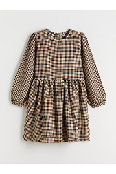 LC Waikiki Φόρεμα για κορίτσια LCW Kids Ecru με λαιμόκοψη και καρό