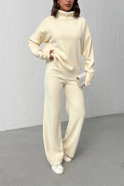 Lusin Women's Cream Sleeve Button Detailed Blouse Skirt Bottom Top Two-Piece Knitwear Set