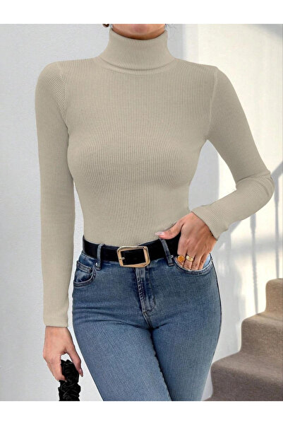 TH COLLECTİON Turtleneck Slim Fit Ribbed Knit Sweater Beige W3103 - S