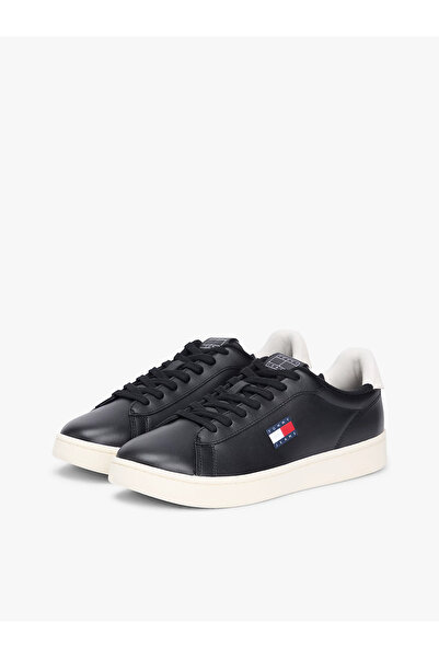 Tommy Hilfiger Men's Low-Top Logo Flag Leather Black Sneaker Em0Em01596-0Gn