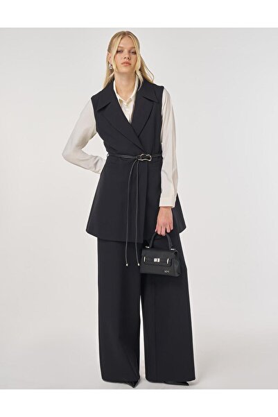 Kayra Leather Rope Belt Detailed Y Vest Set Set Black