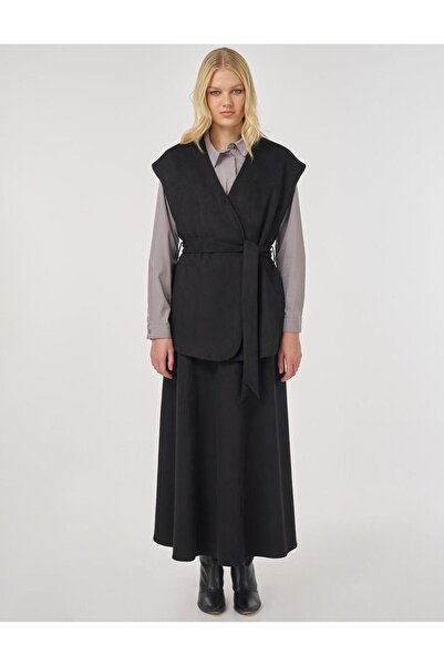 Kayra Suede Skirt Suit with Belt Detail Black