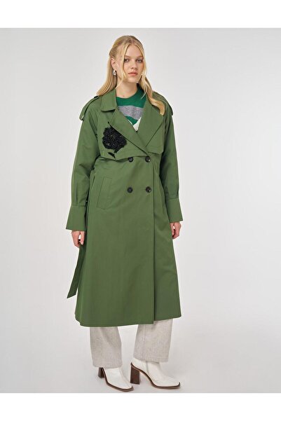 Kayra Trench Coat with Embroidery Detail Forest Green