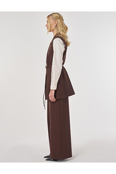 Kayra Leather Rope Belt Detailed Y Vest Set Set Dark Brown