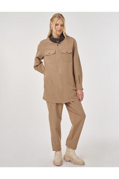 Kayra Leather Collar Comfortable Cut Double Suit Dark Mink