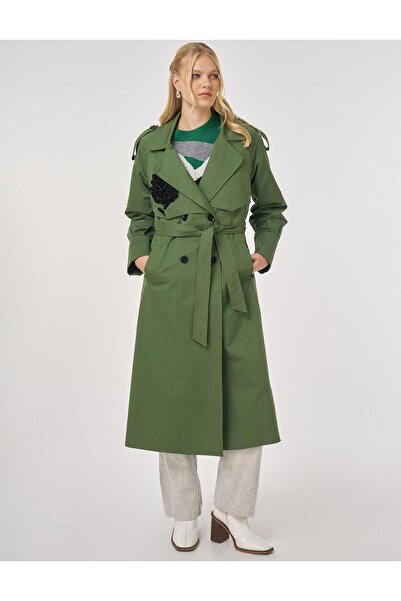 Kayra Trench Coat with Embroidery Detail Forest Green