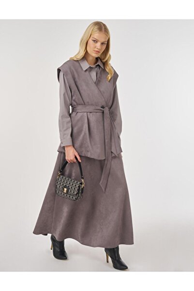 Kayra Suede Skirt Suit with Belt Detail Smoked