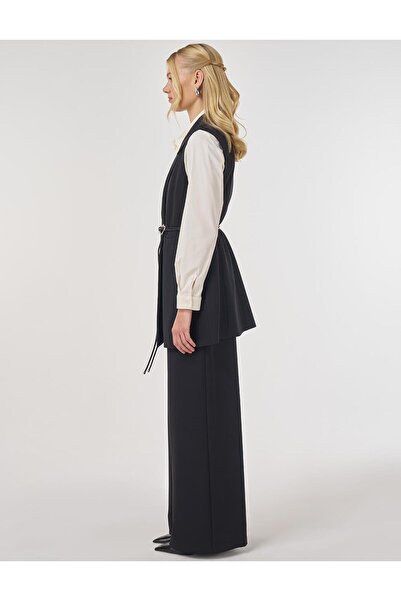 Kayra Leather Rope Belt Detailed Y Vest Set Set Black