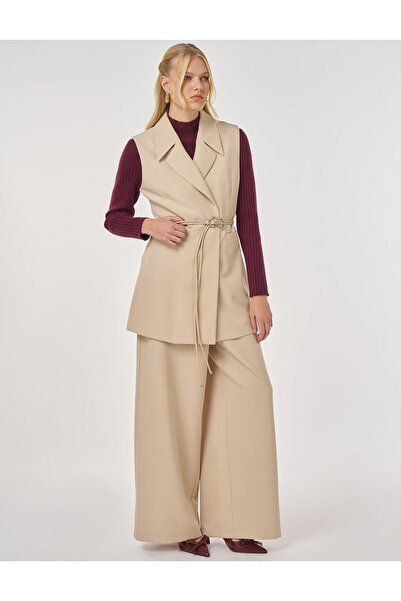 Kayra Leather Rope Belt Detailed Y Vest Set Set Stone