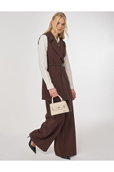 Kayra Leather Rope Belt Detailed Y Vest Set Set Dark Brown