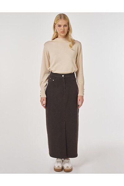 Kayra Slit Detailed Denim Skirt Dark Brown