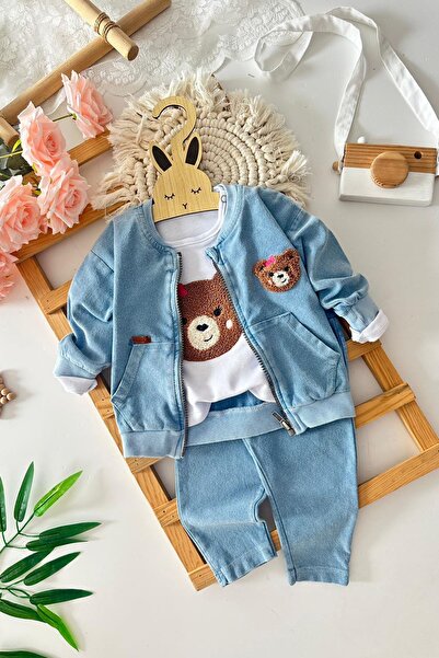 Minigimin Cicileri My Little One's Cicileri Baby Girl Teddy Bear Poncho Detailed Embroidery 3-Piece Soft Denim Set - Light Blue