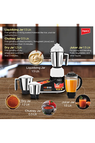 İMPEX 4in1 Mixer Grinder 1200W BL1004B, 100% Copper Motor, SS Jars, 3 Speed, Overheat Protection