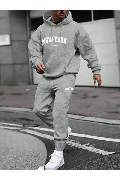 modaberry New York Cheerful Combo Top and Bottom Sweatpants Set - Gray Printed Oversized Cuffed Hoodie