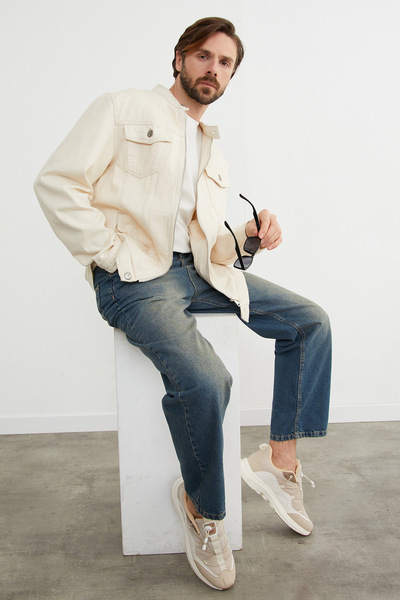 Fulla Moda Zippered Pocket Judge Collar Denim Jacket