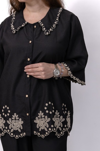 LINELLE Ladies Co-Ord Set – Soft Crepe Black Shirt with Floral Embroidery and Scallop Detailing, Solid Pant