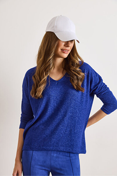 Olalook Women's Cobalt Blue V-Neck Basic Winter Soft Blouse Blz-19003179