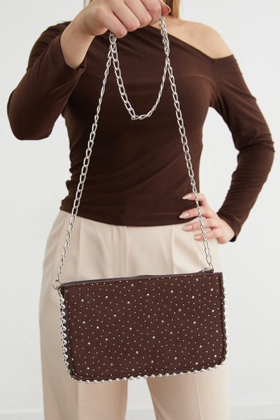 Fulla Moda Suede Shoulder Bag with Stone Chain Strap