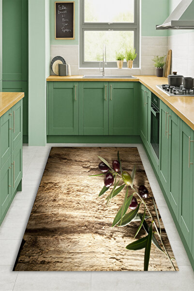 Kessy Home Studio Zeytin Dalı Desenli Mutfak Halısı Dijital Baskı Kaymaz Taba...